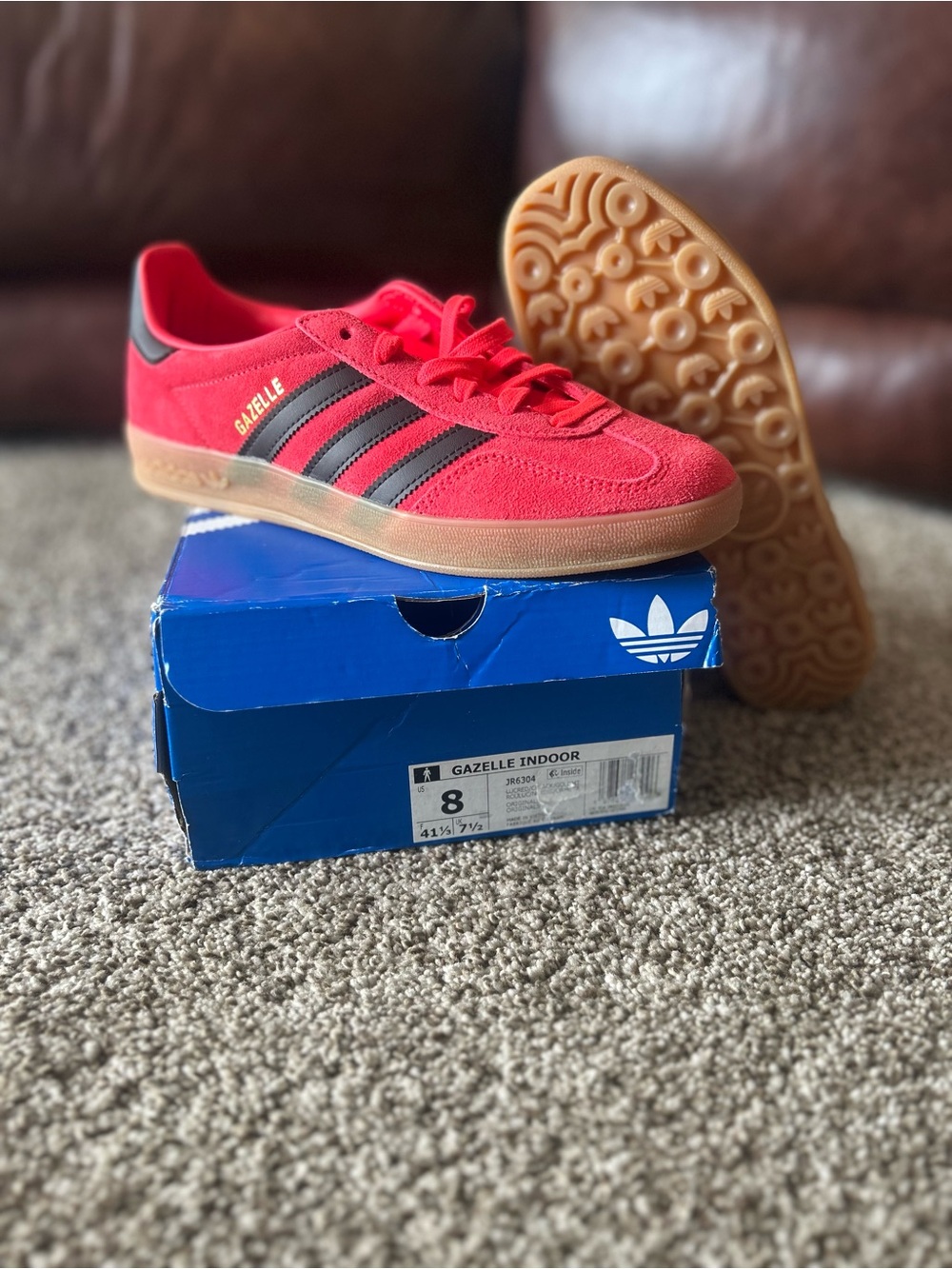 Men’s Adidas Gazelle Indoor Sneakers in Red with Black Stripes